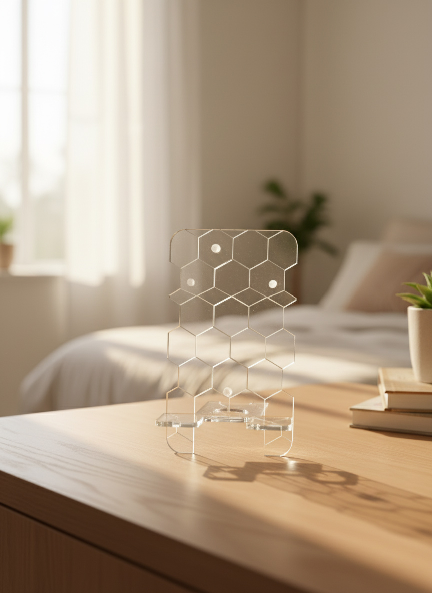هولدر پلکسی شفاف با طرح شش‌ضلعی روی میز چوبی در نور طبیعی