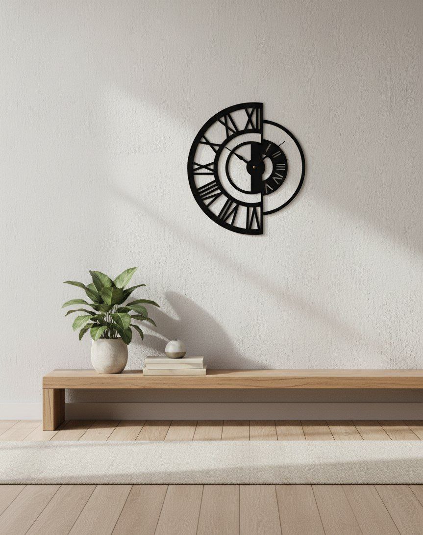 ساعت فلزی دیواری مشکی با طراحی نیم‌دایره روی دیوار روشن، همراه با میز چوبی و دکور مینیمال.