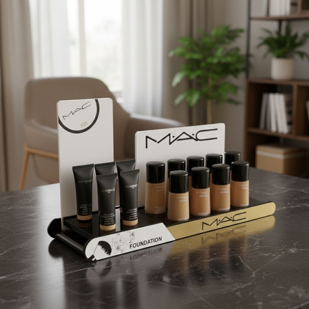 استند رومیزی پلکسی Vindak برای لوازم آرایش روی میز کرم با پس‌زمینه اتاق نشیمن.