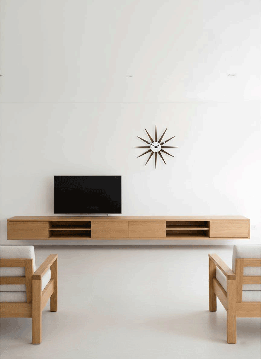 دکوراسیون مینیمال اتاق نشیمن با مبلمان چوبی روشن 