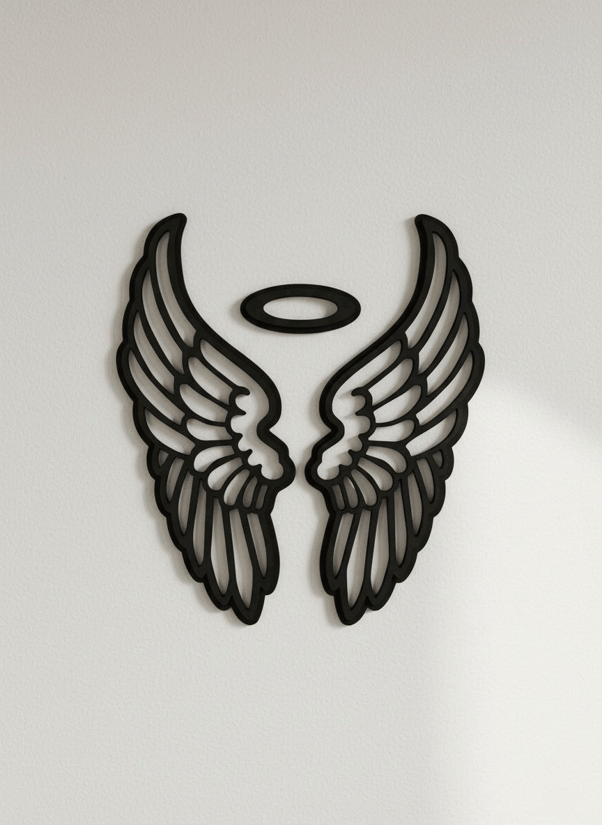 دکوری دیواری طرح بال فرشته از جنس پلکسی مشکی روی دیوار سفید با نور طبیعی