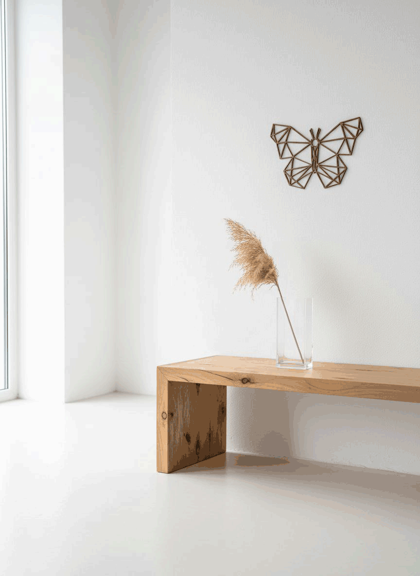 دکوری دیواری طرح پروانه هندسی از چوب طبیعی در فضای روشن با نیمکت چوبی و گلدان شیشهای