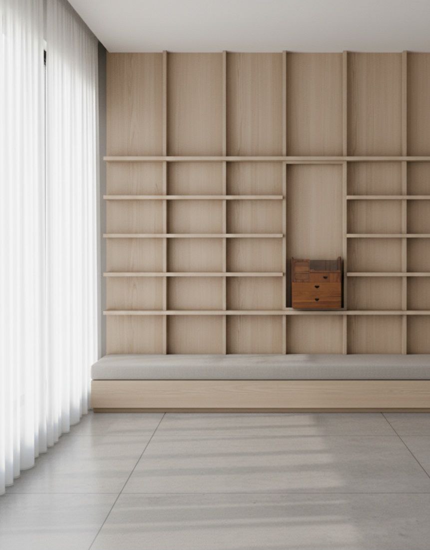 قفسه چوبی بزرگ در اتاق مینیمال با کف روشن و پرده سفید.»توضیح کوتاه: