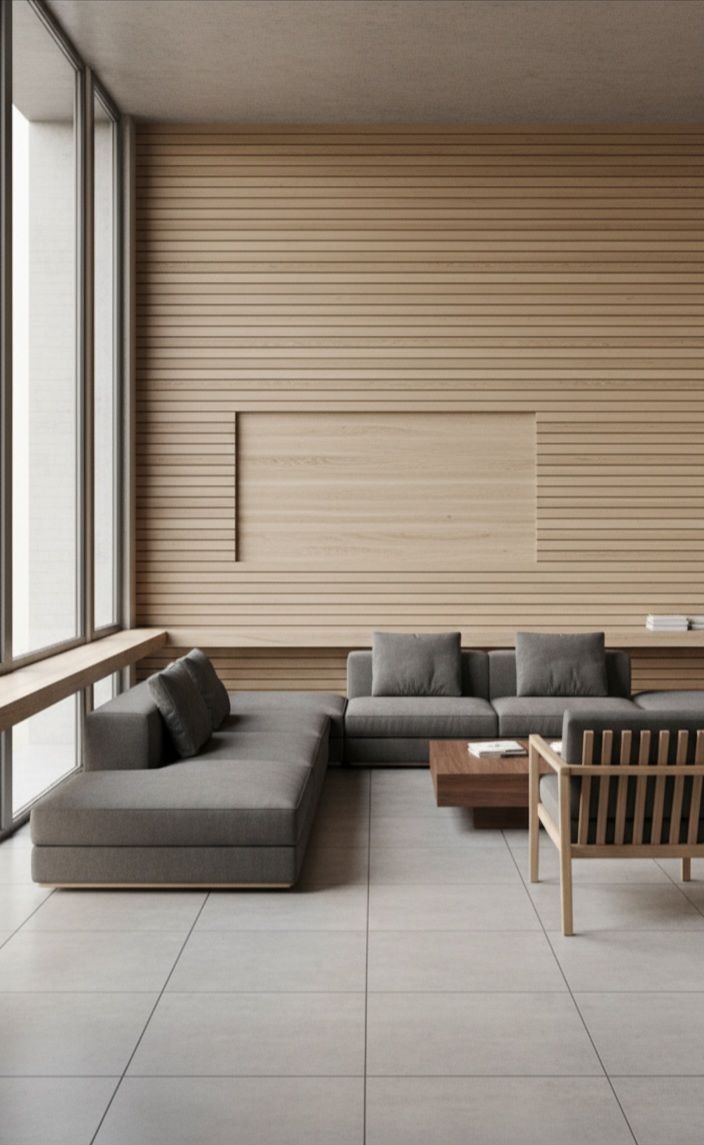 اتاق مینیمال با مبلمان خاکستری و دیوار چوبی.»