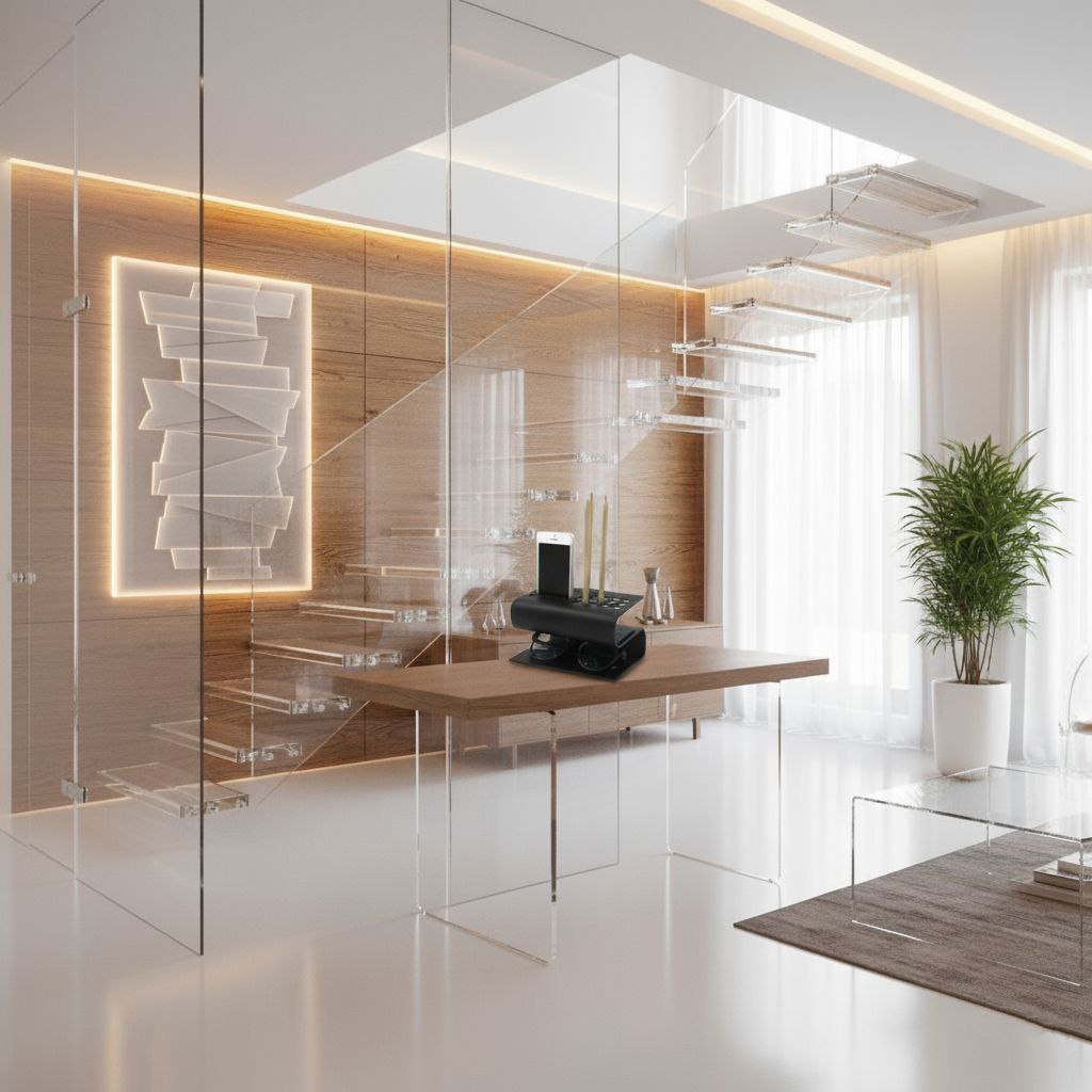 دفتر مینیمال با پله‌های شناور پلکسی، میز چوبی با پایه‌های شفاف، پانل‌های شیشه‌ای و نورپردازی مخفی