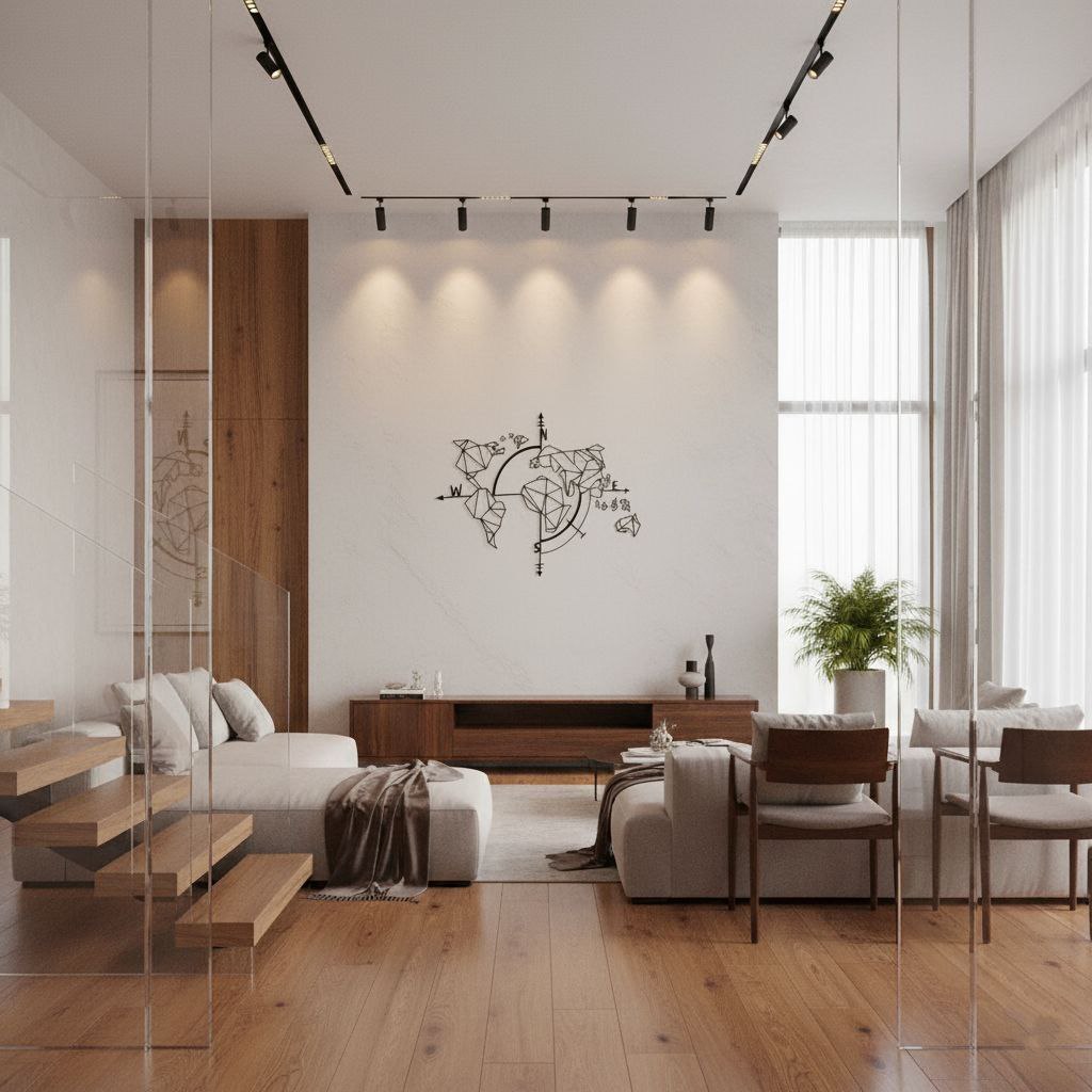 نشیمن مدرن با کف و کابینت چوبی، مبل سفید و پانل‌های شفاف پلکسی کنار راه‌پله؛ تابلو دیواری و نورپردازی ملایم