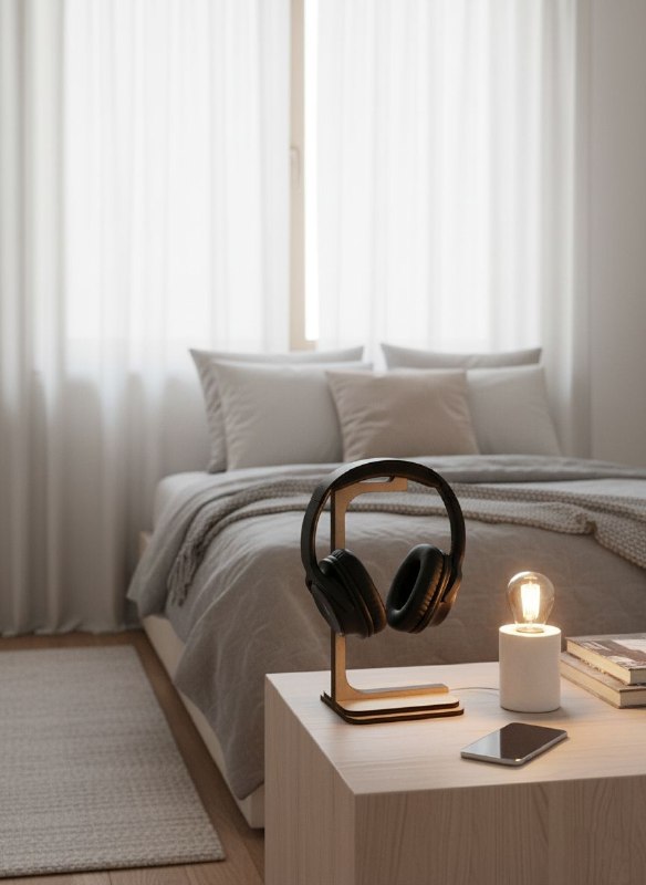 استند چوبی هدفون با هدفون روی پایه در پس‌زمینه سفید