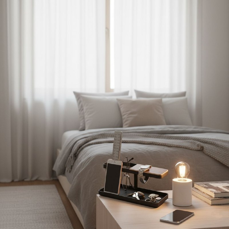 ارگانایزر رومیزی چوب و فلز با گوشی، عینک و لوازم روزمره