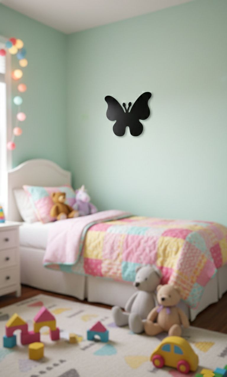 تزئین دیواری به شکل پروانه سیاه در اتاق کودک، که به طراحی شاد و رنگارنگ اتاق جلب توجه می‌کند. انتخابی عالی برای ایجاد فضای شاد و دلنشین در اتاق کودک."