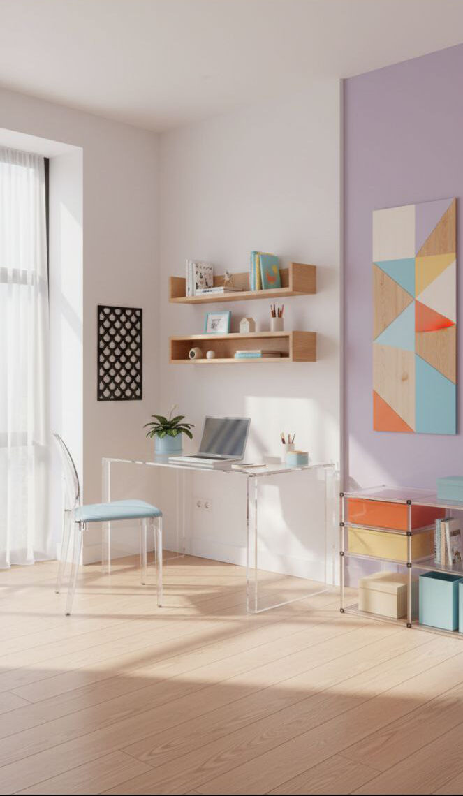 تابلو چوبی و پلکسی با طراحی جذاب و رنگ‌های شاد، فضای اتاق نوجوان را زنده و الهام‌بخش می‌کند و به محیط حس مدرن و خلاق می‌دهد.