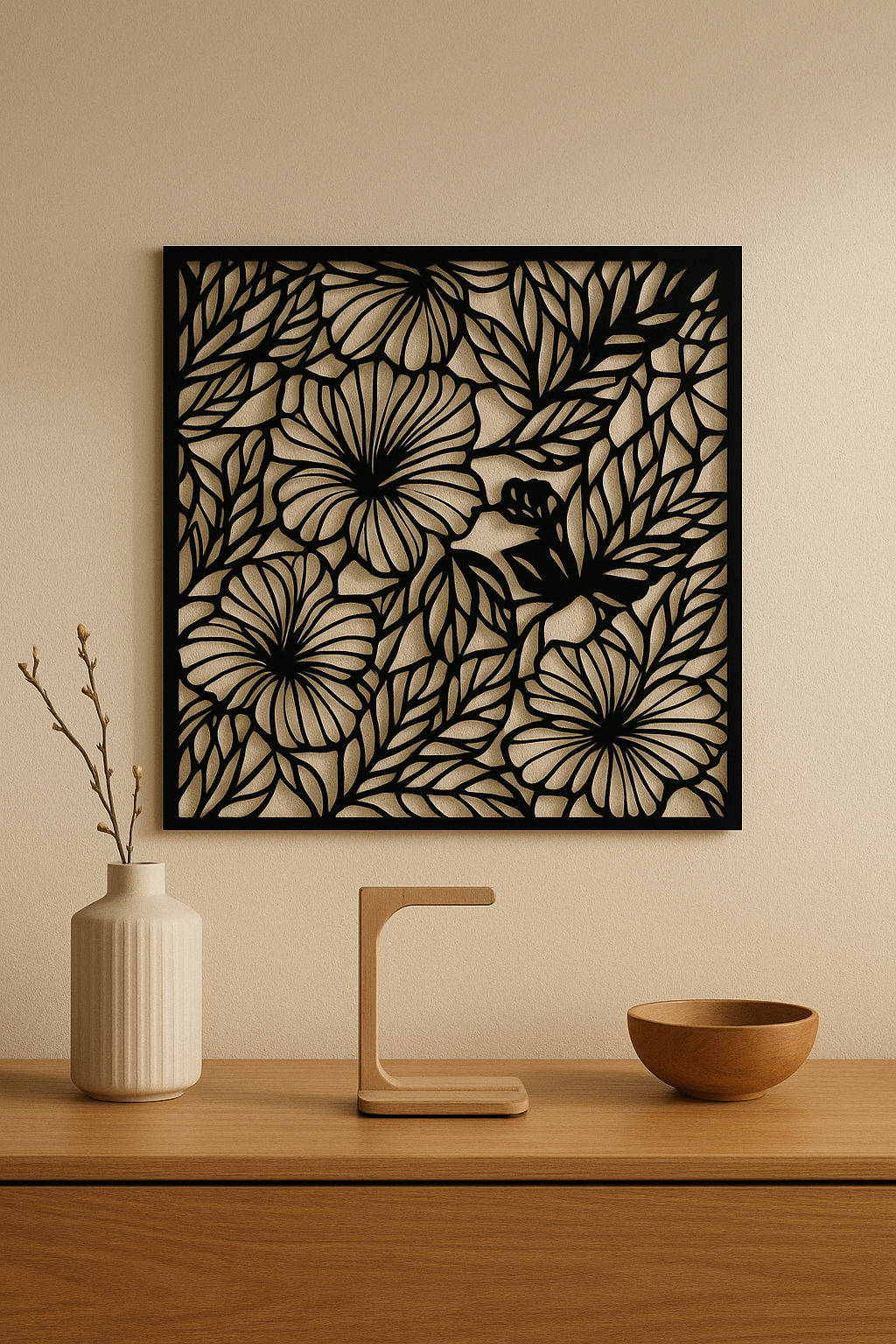 تابلوی پلکسی طرح گل روی دیوار در یک دکور چوبی ساده