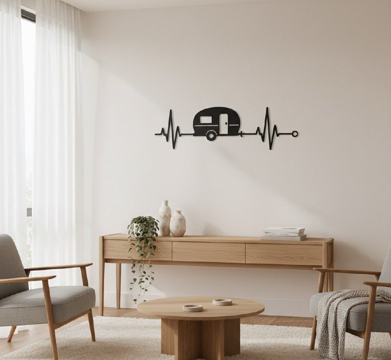 تابلو فلزی طرح کاروان و ضربان قلب نصب‌شده روی دیوار روشن در یک فضای دکوراسیون مینیمال با کنسول چوبی.