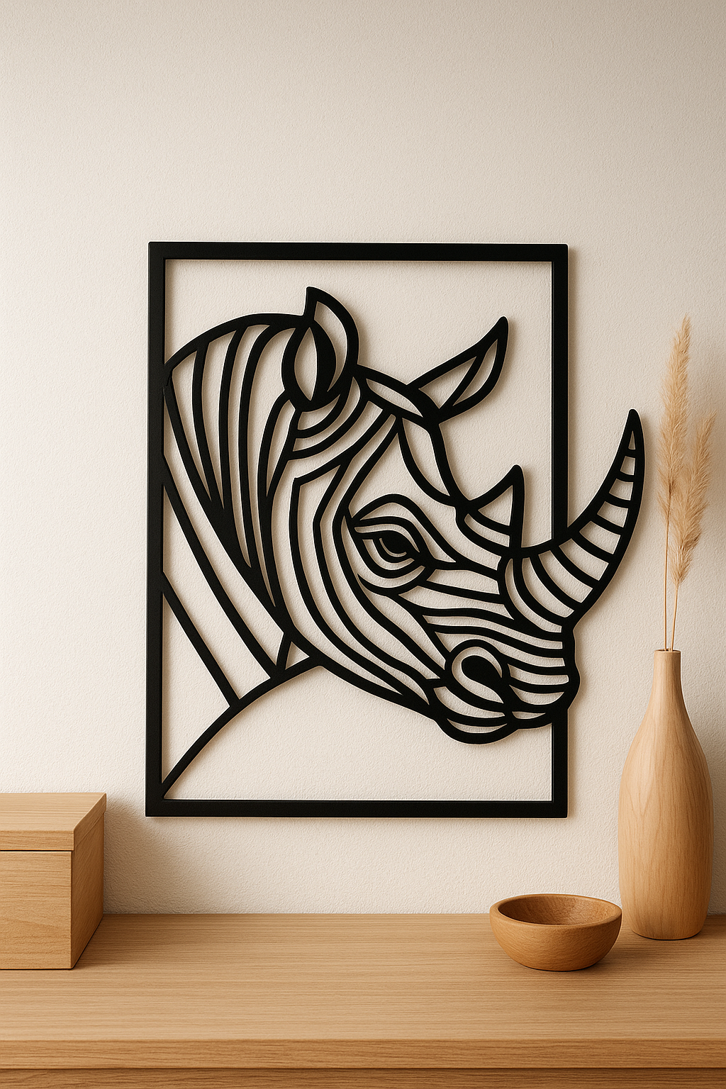 تابلو فلزی مشکی طرح کرگدن در دکور چوبی روشن.