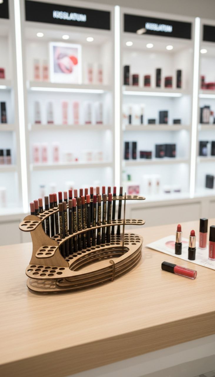 استند چوبی زیبا برای نمایش رژ لب‌ها در فروشگاه لوازم آرایشی، محاط شده با محصولات زیبایی و لوازم آرایش مناسب برای نمایش در فروشگاه‌های زیبایی و آرایشی.
