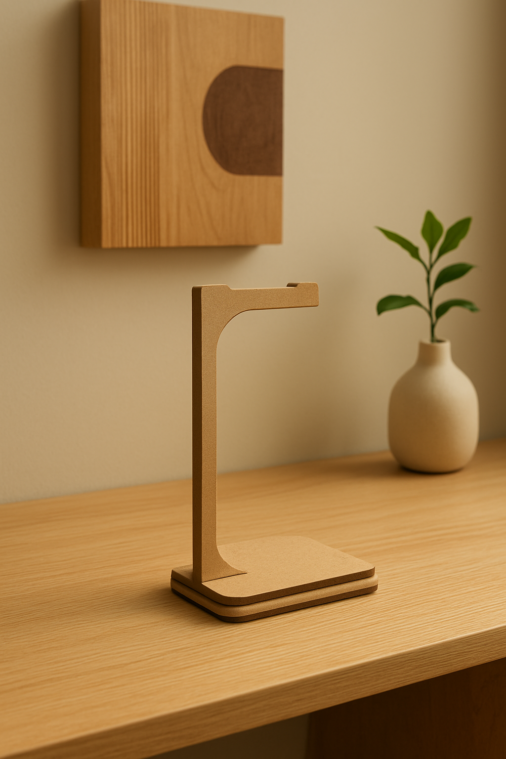 استند چوبی دکوراتیو روی میز در فضای مینیمال با نور طبیعی