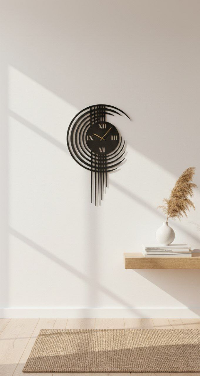 «ساعت دیواری مدرن فلزی مشکی نصبشده روی دیوار سفید در یک فضای مینیمال و روشن