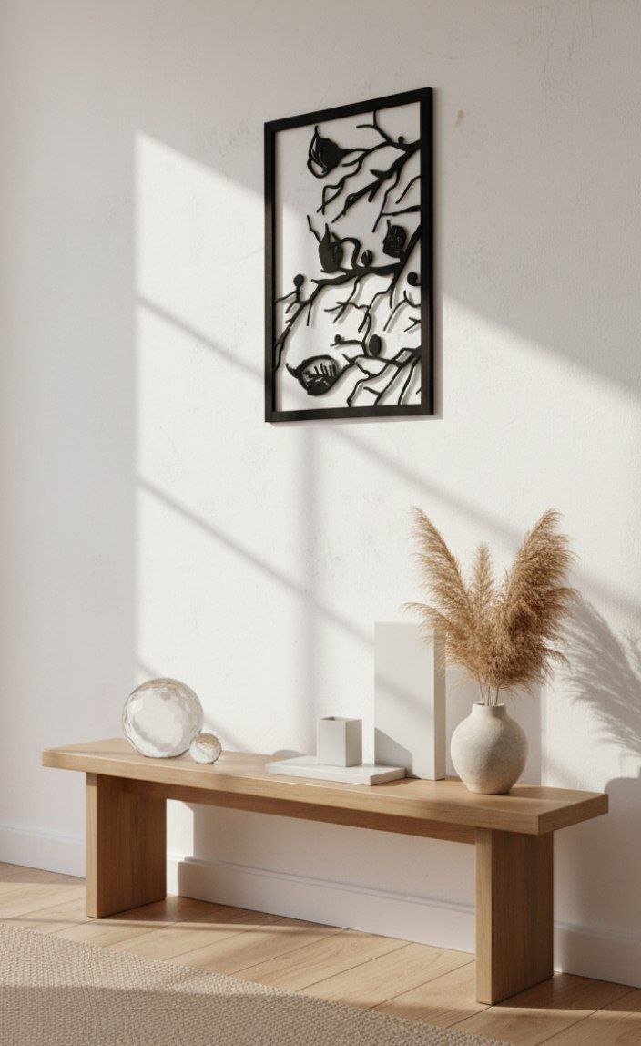 تابلو چوبی دکوراتیو رویدیوار با دکور مینیمال و نور طبیعی