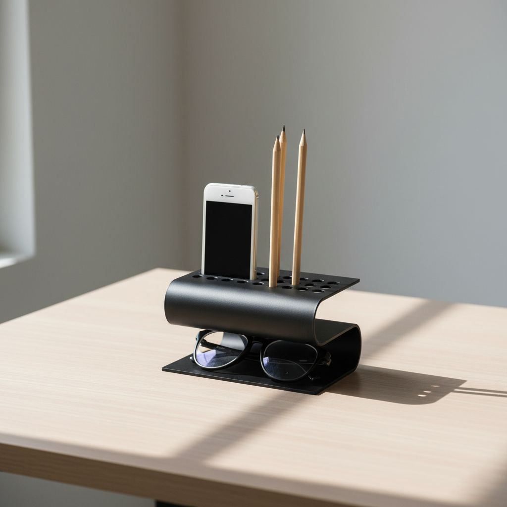 رومیزی چندکاره چوبی با طراحی مدرن و فضاهای نگهداری متنوع برای لوازم اداری و شخصی