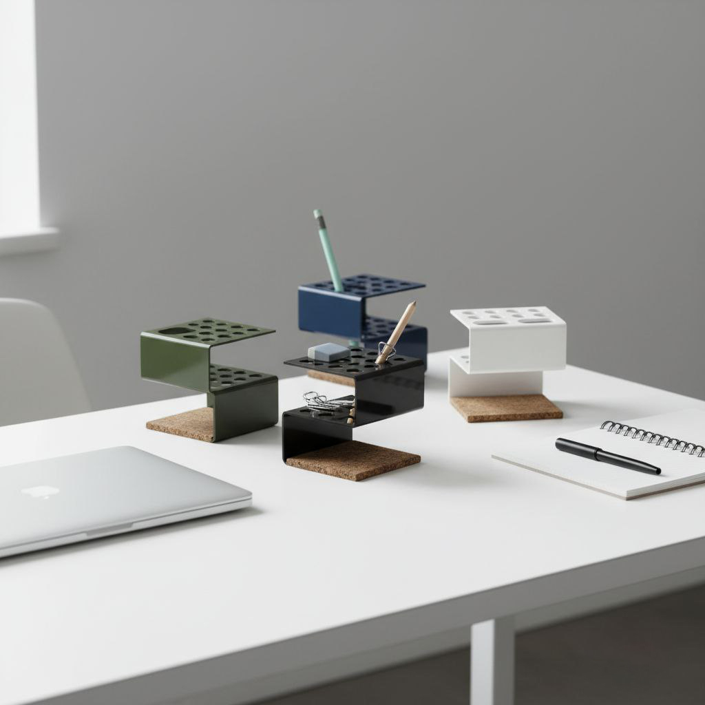 رومیزی با طراحی اختصاصی لوازم تحریر، شامل محفظه‌ها و جا قلمی برای نظم‌دهی میز کار