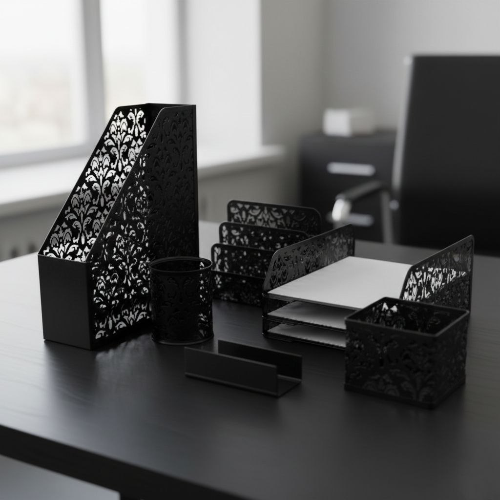 ست رومیزی پلکسی مشبک Vindak روی میز چوبی با پس‌زمینه دفتر روشن.