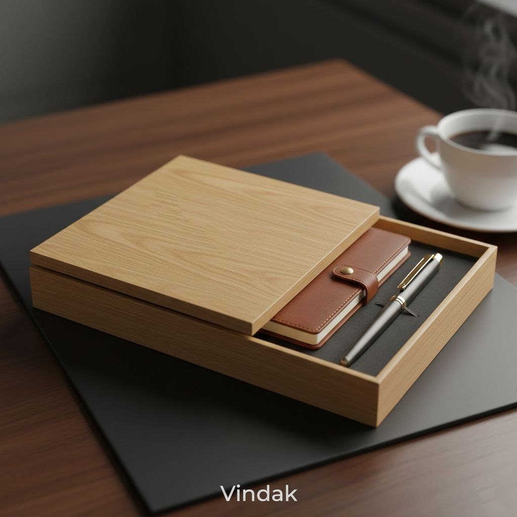 جعبه چوبی شیک وینداک، مناسب نگهداری دفترچه و خودکار روی میز کار؛ ترکیبی از نظم، زیبایی و طراحی مینیمال.